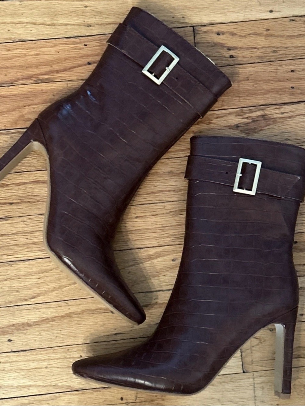 Journee Collection Elanie Booties Brown Croc Embossed Faux Leather Buckle Zipper